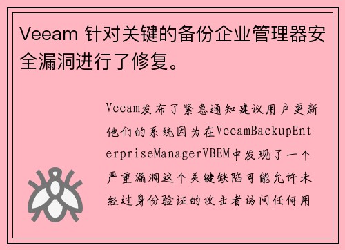 Veeam 针对关键的备份企业管理器安全漏洞进行了修复。